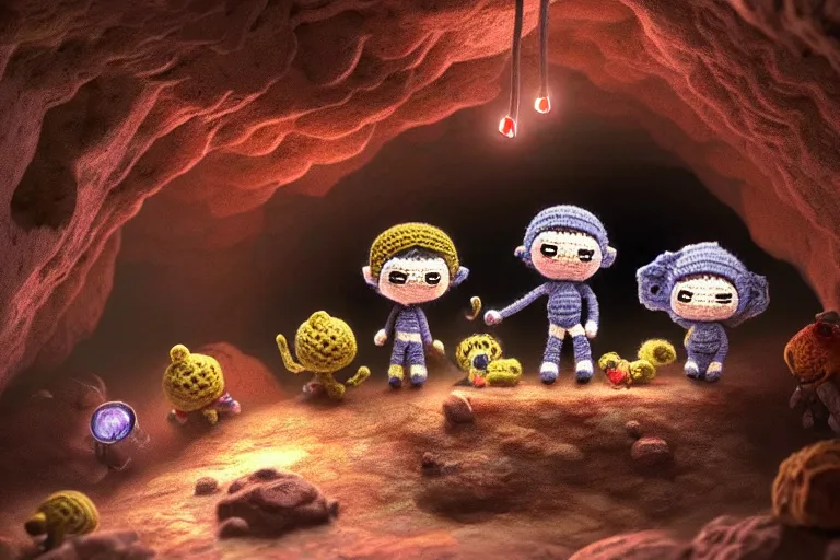 Prompt: an expedition of crochet cute astronauts discovering a new cave underground. cute, illustration, digital art, inspired by little big planet, by greg rutkowski, detailed, sharp, masterpiece, highly detailed, photorealistic, octane render, 8 k, unreal engine 5, trending on artstation, vivid colors