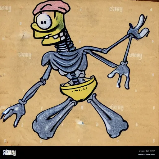 Prompt: vintage, detailed, colored sketch of spongebob anatomy, full body, skeleton, with full descriptions, on parchment