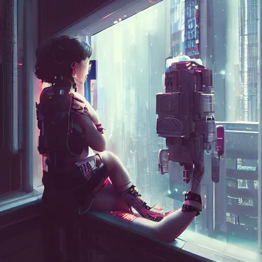 Image similar to art by wlop, portrait of cyberpunk woman looking out of a window, cyberpunk setting, futuristic, highly detailed, intricate lighting, digital painting, sharp focus, illustration, trending on artstation.