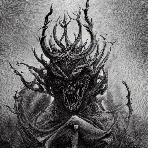 Prompt: full body grayscale drawing by Gustave Dore and Anato Finnstark of horned muscled humanoid demon, 3/4 view from below, engulfed in swirling flames