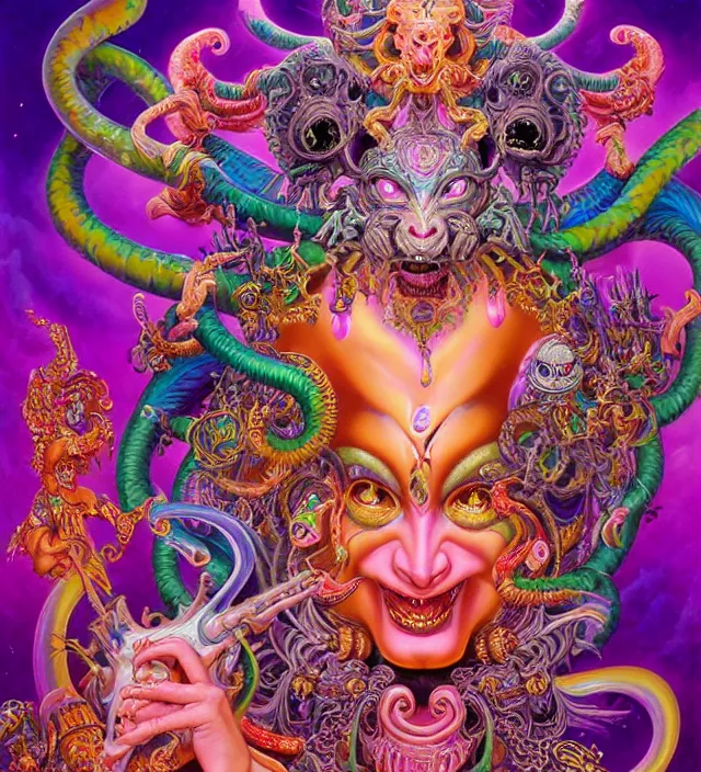 Prompt: lisa frank fantasy character portrait of kali ma, ultra realistic, yantra, wide angle, intricate details, dharma artifacts, aum, highly detailed by hr giger, peter mohrbacher, wayne barlowe, boris vallejo, hajime sorayama aaron horkey, gaston bussiere, craig mullins