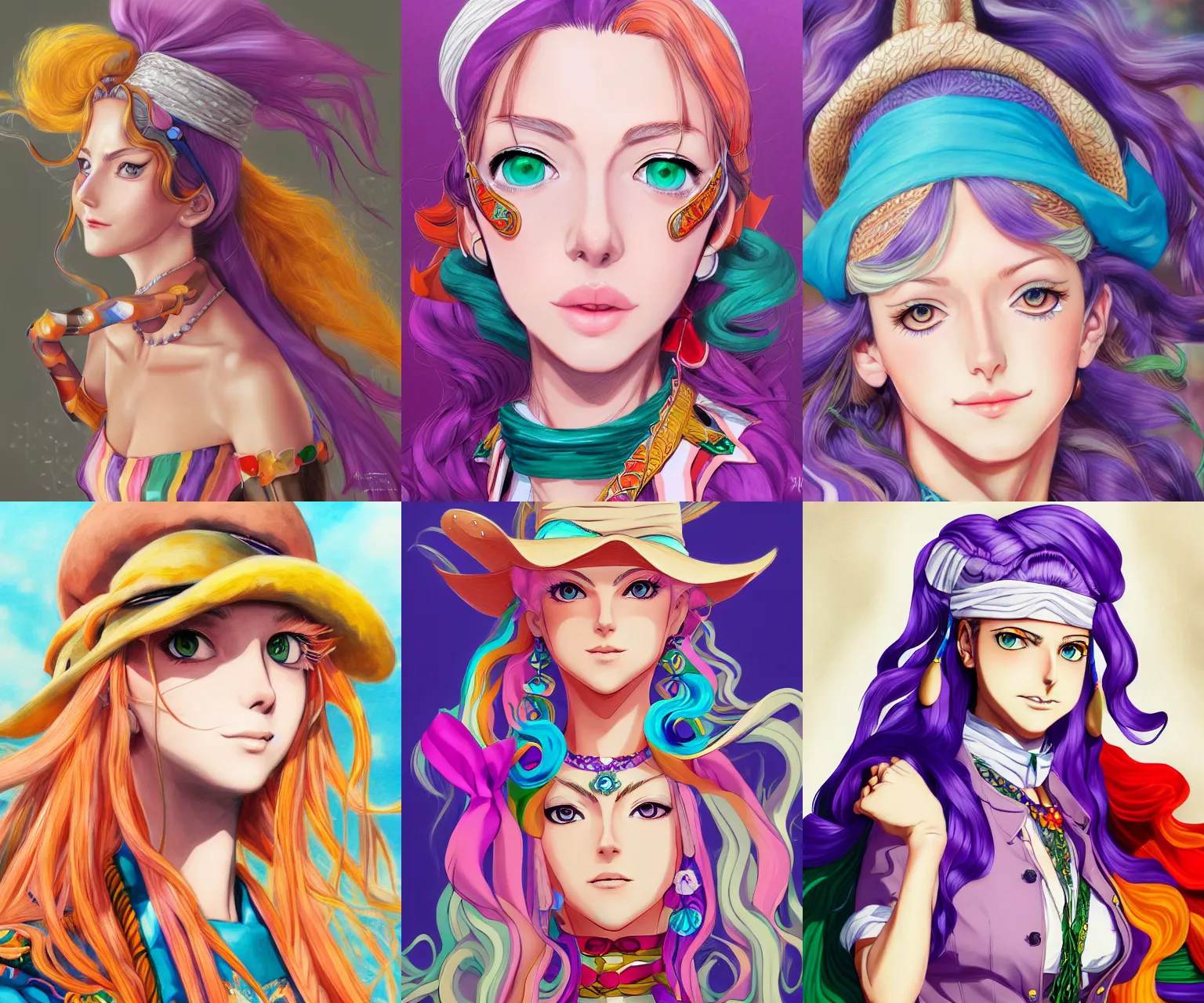 Prompt: portrait of a julia fox, beautiful, elegant colorful, inspired by steel ball run manga, artstation trending, deviantart, highly detailed, focus, smooth, illustrated by hirohiko araki