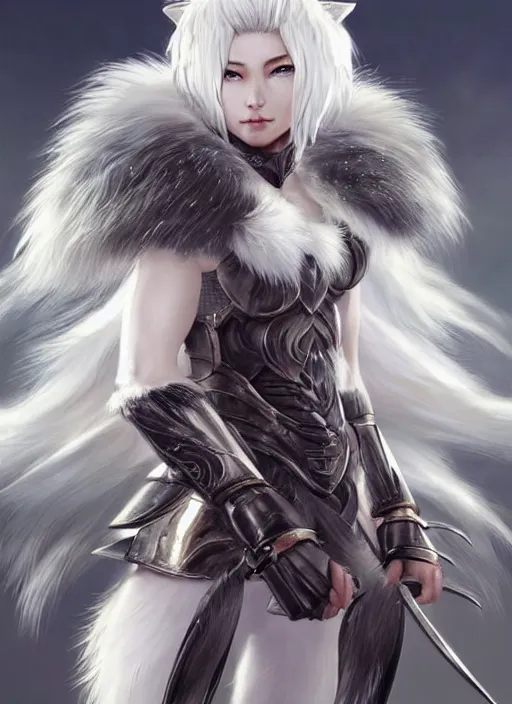 Image similar to warrior, fur - lined wolf armor!!! beautiful and elegant white hair female!! gorgeous ayes!! character concept art, sharp focus, octane render! unreal engine 5! highly rendered!! trending on artstation!! detailed linework!! illustration by artgerm, wlop, and chie yoshii