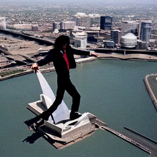 Image similar to “Michael Jackson Moonwalking on top of the St.Louis Arch”