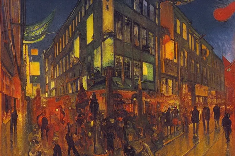 Prompt: dream festival in a city, low angle view from a city street lined with shops and apartments, glowing street signs, revelers playing games and shopping at a night market, oil painting by edvard munch, beksinski, chiaroscuro, baroque
