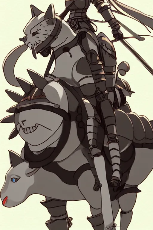 Image similar to a full body of the female knight riding a heavy armored giant cat, finely detailed features, closeup at the faces, perfect art, gapmoe yandere grimdark, trending on pixiv fanbox, painted by studio ghibli, akihiko yoshida