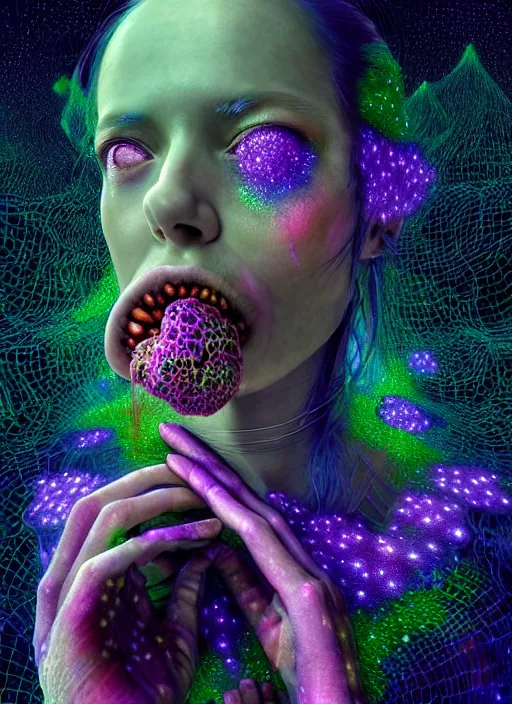Image similar to hyper detailed 3d render like a Oil painting - Aurora (evocative cyberpunk and oil rainbow faced Singer) seen Eating of the Strangling network of milky Fruit and Her delicate Hands hold of gossamer polyp blossoms bring iridescent fungal flowers whose spores black out the foolish stars by Jacek Yerka, Mariusz Lewandowski, Houdini algorithmic generative render, Abstract brush strokes, Masterpiece, Edward Hopper and James Gilleard, Zdzislaw Beksinski, Mark Ryden, Wolfgang Lettl, hints of Yayoi Kasuma, octane render, 8k
