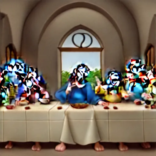 Prompt: the last supper with jesus and the seven dwarfs. pixar style.