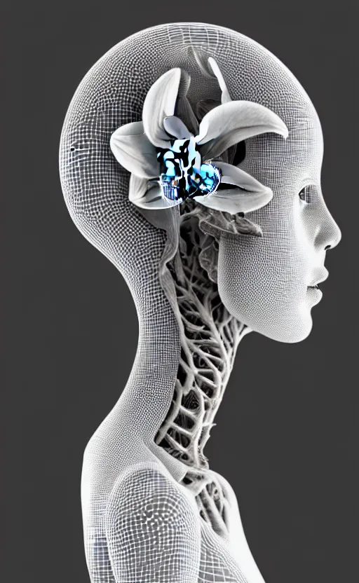 Image similar to a black and white 3D render of a beautiful profile face portrait of a female vegetal-dragon-cyborg, 150 mm, orchids, fine lace, Mandelbrot fractal, anatomical, flesh, facial muscles, wires, microchip, veins, arteries, full frame, microscopic, elegant, highly detailed, flesh ornate, elegant, high fashion, rim light, octane render in the style of H.R. Giger and Man Ray