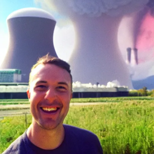 Image similar to a man smiling, in the background is a nuclear reactor which is exploding, hyper realistic, selfie, very detailed.