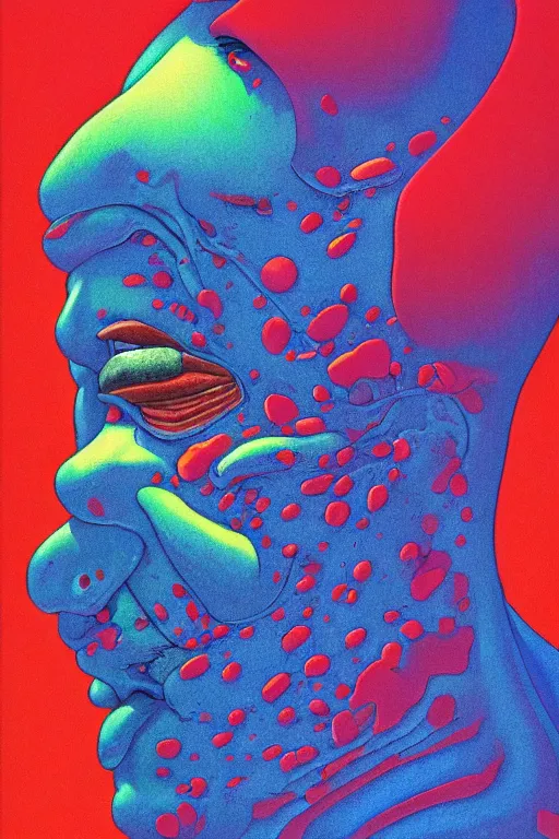 Prompt: a colorful vibrant closeup portrait of a severed head with theatrical make up licking a tab of lsd acid on his tongue and dreaming psychedelic hallucinations, by kawase hasui, moebius, edward hopper and james gilleard, zdzislaw beksinski, steven outram colorful flat surreal design, hd, 8 k, artstation
