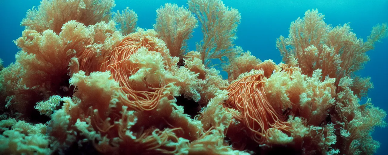 Image similar to spaghetti growing underwater in a corral reef, sigma 1 0 0 mm, in the style jacques cousteau, kodachrome