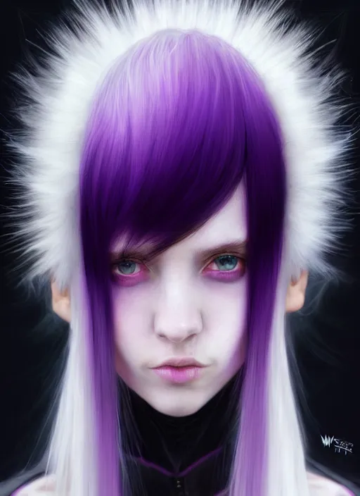 Image similar to hair whitebangs hair, black cyberlox, portrait of normal teenage girl, white bangs, messy bangs, fluffy bangs, cyberlox, whitebangs, red irises, purple background, intricate, elegant, highly detailed, digital painting, artstation, concept art, sharp focus, smooth, illustration, art by wlop, mars ravelo and greg rutkowski