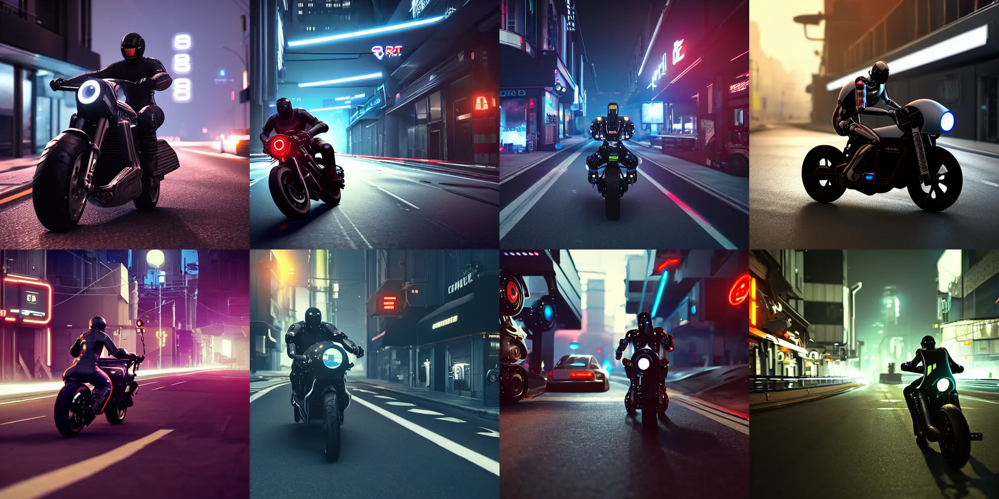 Prompt: a cybernetic robot driving a futuristic cafe racer motorcycle through dark and moody city streets, unreal engine 5 render, 8 k, ultra - detailed, photorealistic,
