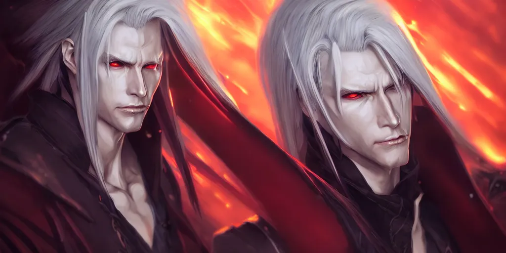 Image similar to digital art of a pale menacing Sephiroth with piercing eyes, gilded black uniform, he commands the fiery power of resonance and wrath, by WLOP, Artstation, CGsociety