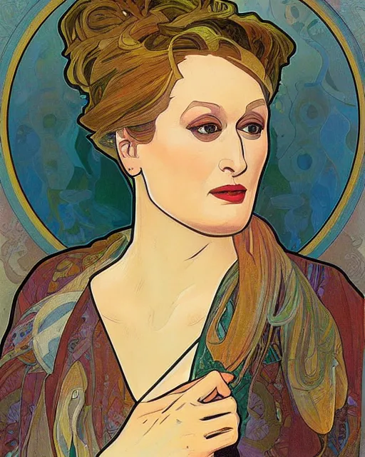 Image similar to a portrait painting of ( ( ( meryl streep ) ) ) in the style of alphonse mucha!!!