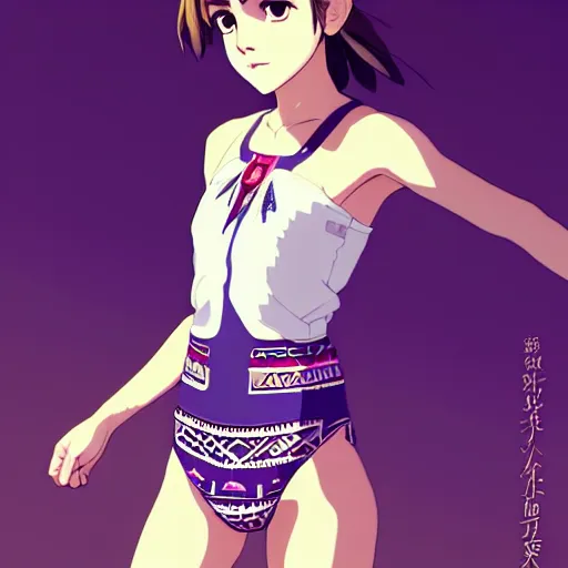 Image similar to a beautiful boyish emma watson alluring instagram model, wearing japanese hiphop aztec leotard outfit with mayan pattern and native style, aztec street fashion bathing suit, botw style, gapmoe yandere grimdark, trending on pixiv fanbox, painted by greg rutkowski makoto shinkai takashi takeuchi studio ghibli, akihiko yoshida