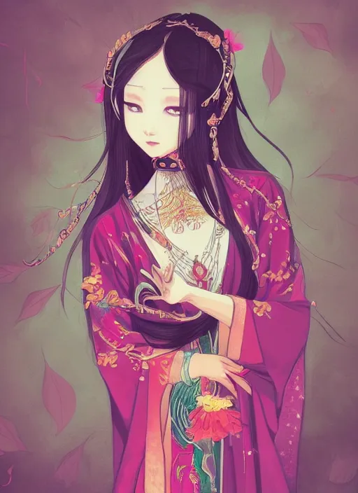 Image similar to a digital illustration of a young asian woman, ornate, colorful robe, shy, illustrated by jung chen ( lulu chen ), featured on artstation, gothic art, anime aesthetic, art on instagram, gothic, dark