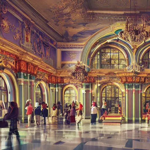 Prompt: a colorful airport terminal in the baroque architectural style from 1 7 0 0 s europe, with travellers walking around and planes visible through the windows, octane render, unreal engine, photorealistic, filled with natural light