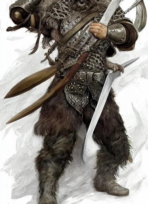 Image similar to strong young man, photorealistic bugbear ranger holding aflaming sword, black beard, dungeons and dragons, pathfinder, roleplaying game art, hunters gear, jeweled ornate leather and steel armour, concept art, character design on white background, by alan lee, norman rockwell, makoto shinkai, kim jung giu, poster art, game art