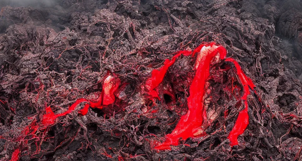 Image similar to a volcano made of ivory vines and crimson rocks enters in eruption, it spits a smoke in the shape of demonic eye, by Yoshitaka Amano,