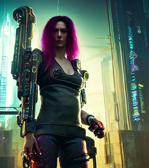 Prompt: cyberpunk 2 0 7 7, charismatic rugged female battle - mage portrait, clothed in hooded, metal - plated battle armour atmospheric lighting painted intricate volumetric lighting, beautiful, sharp focus, ultra detailed by leesha hannigan, ross tran, thierry doizon, kai carpenter, ignacio fernandez rios