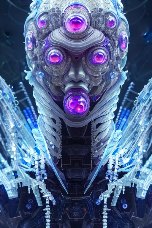 Image similar to asura from chinese myth, ghost, gorgeous and huge head ornaments, dystopian, cyberpunk, organic fractal mycelum and fungi, mecha, halfturn portrait of a big crystal face made of crystals half - turn, ominous, intricate, studio, art by anthony macbain + greg rutkowski + alphonse mucha, concept art, 4 k, sharp focus