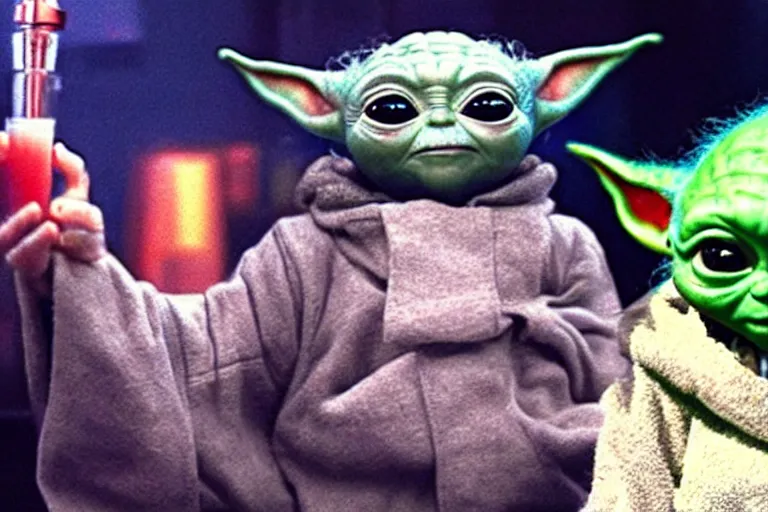 Prompt: baby yoda knocking back drinks at the night club and taking selfies with friends and a pile of cash in the background, movie promotion still, imax