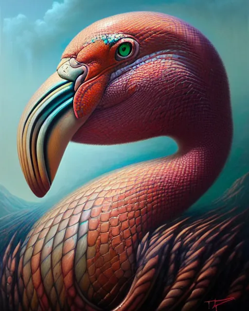 Image similar to a detailed portrait of dreampunk flamingo python hybrid mix by tomasz alen kopera and peter mohrbacher