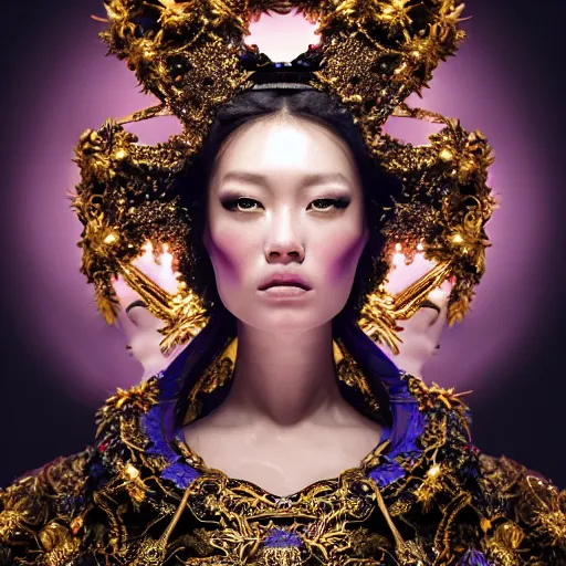 Image similar to a beautiful empress portrait, with a brilliant, impossible striking big cosmic galaxy headpiece, clothes entirely made out of cosmos chaos energy, symmetrical, dramatic studio lighting, rococo, baroque, jewels, asian, hyperrealism, closeup, D&D, fantasy, intricate, elegant, highly detailed, digital painting, artstation, octane render, 8k, concept art, matte, sharp focus, illustration, art by Artgerm and Greg Rutkowski and Alphonse Mucha