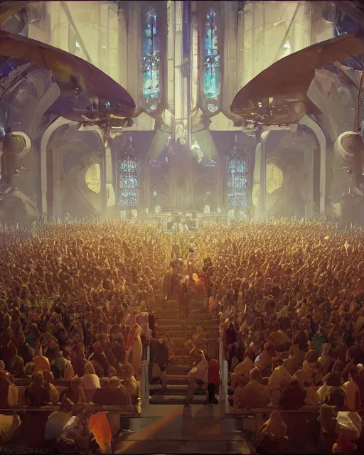 Prompt: craig mullins digital matte art of a crowd in a futuristic church, priest, pews, ethereal, inviting, bright, unreal engine, hyper realism, realistic shading, cinematic composition, realistic render, octane render, detailed textures, photorealistic, wide shot