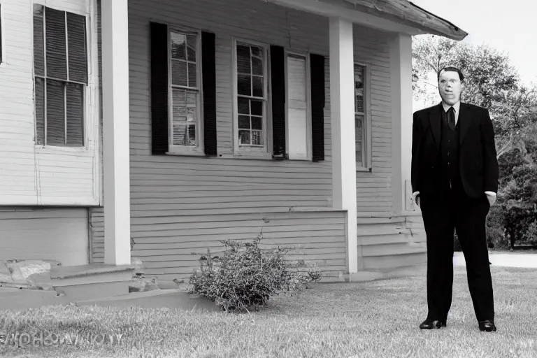 Prompt: cinematic film still from 1994 film: portly clean-shaven white man wearing suit and necktie standing on the front porch of his house. XF IQ4, f/1.4, ISO 200, 1/160s, 8K, RAW, dramatic lighting, symmetrical balance, in-frame
