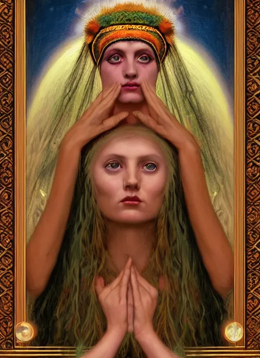 Image similar to acid tripping cult magic psychic woman, third eye, occult ritual, dark witch headdress, oil painting, robe, symmetrical face, greek dark myth, by John William Godward and Anna Dittman, masterpiece