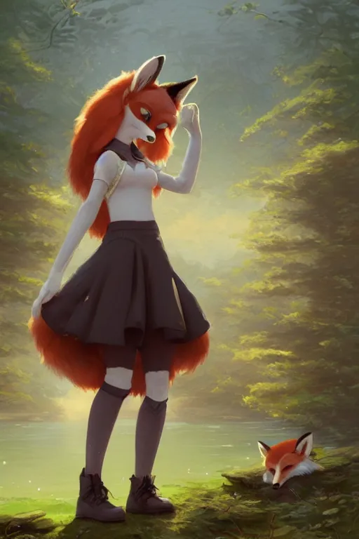 Image similar to an anthropomorphic fox girl wearing a skirt, long fluffy tail, two pointed ears, beautiful lake background, illustration by greg rutkowski, thomas kindkade, loish, artstation, furaffinity, deviantart