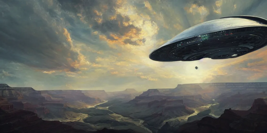 Prompt: An alien spaceship hovering over the Grand Canyon, cinematic lighting, detailed oil painting, hyperrealistic, 8k