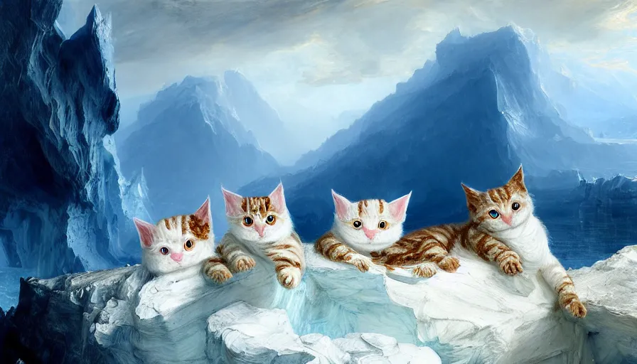 Image similar to highly detailed painting of white cute baby scaled ridge backed dragon cats on a blue and white iceberg by william turner, by greg rutkowski, by william constable, thick brush strokes and visible paint layers, 4 k resolution