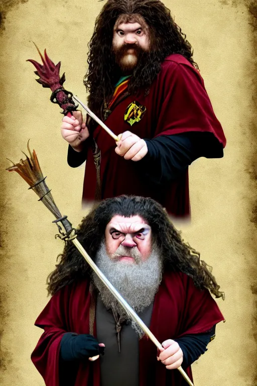 Image similar to hagrid frog mage, gryffindor, magic wand, hogwarts, high details, best composition, harry potter, dramatic pose, 4 k