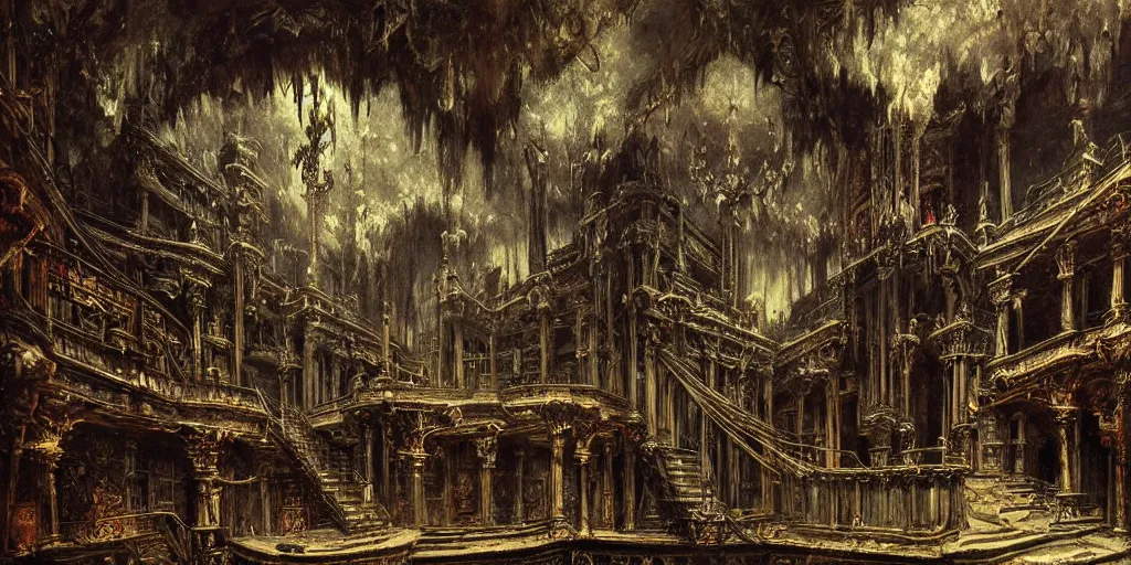 Prompt: dark sinister vampire lair interior by Gustave Moreau, library, adventure game, inspired by Diablo concept art