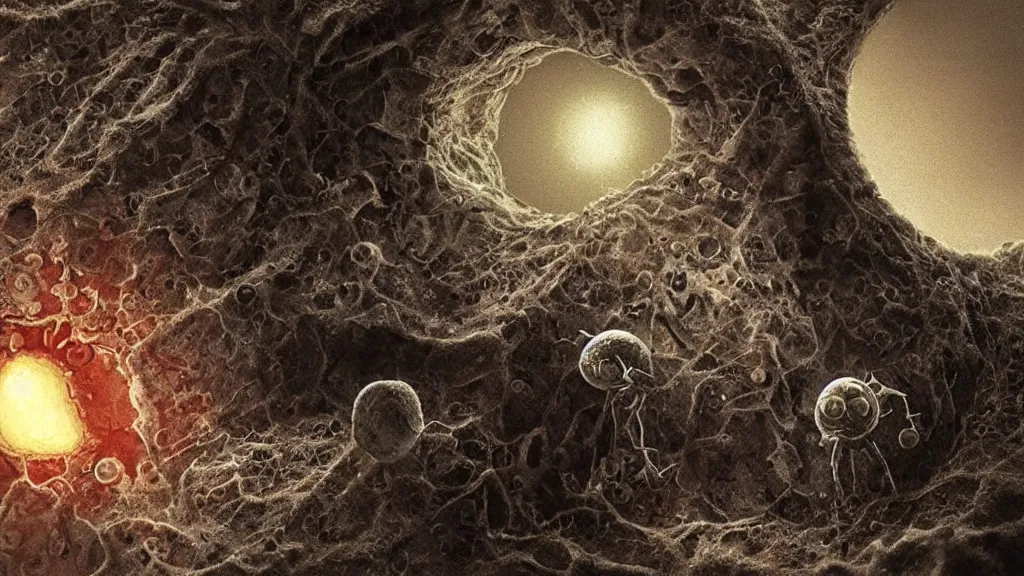 Image similar to a beautiful microscopic scientific photo of a coronavirus and a strange life form seen through an electron microscope, dark, sinister, detailed, art by Greg Rutkowski