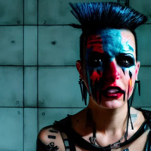 Prompt: neonpunk anarchist with mohawk and cyber implants on face, fuming, angry, grinning