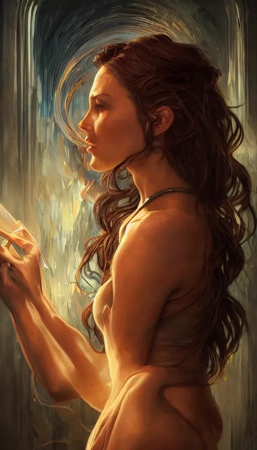 Image similar to furious gorgeous woman painted on a door, lord of the rings ,neon, fibonacci, sweaty, insane, intricate, highly detailed, digital painting, artstation, concept art, smooth, sharp focus, illustration, Unreal Engine 5, 8K, art by artgerm and greg rutkowski and alphonse mucha