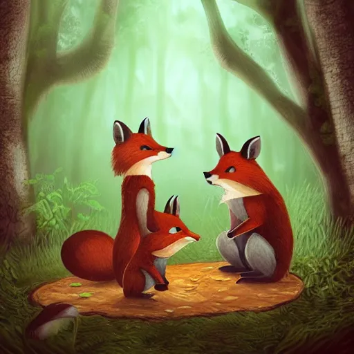 Image similar to 3 woodland critters, resistance, communist, bunny, mouse, fox, political meeting in the woods, antropomorphic, fantasy digital art, art station