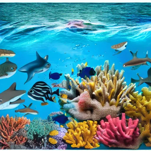 Prompt: coral reef with fish and sharks