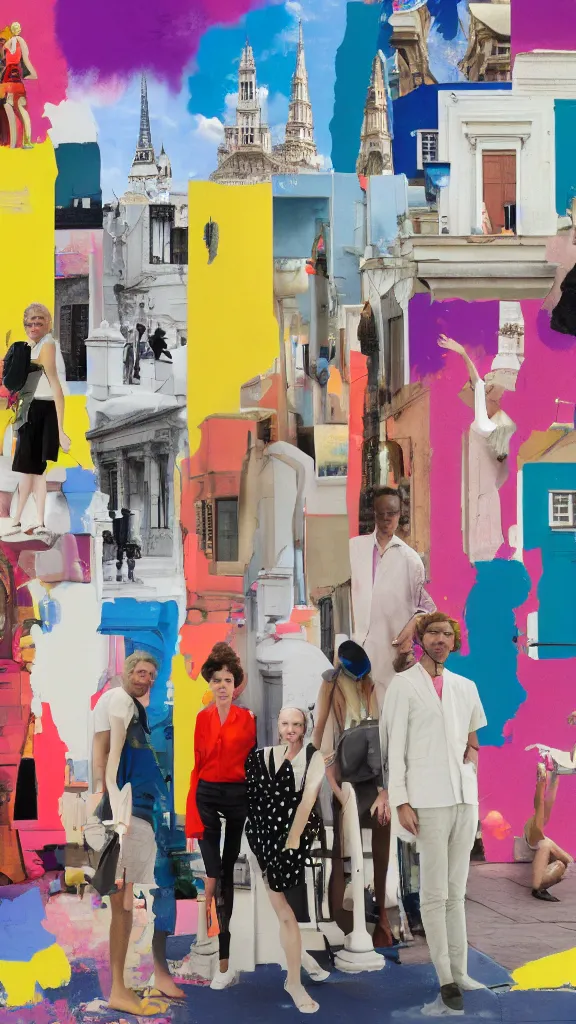 Image similar to a row of european tourists standing with a variety of poses and props, a collage painting, in the style of wes anderson, lola dupre, david hockney, isolated on negative white space background dark monochrome neon spraypaint accents volumetric octane render