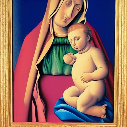 Prompt: a vivid painting of the Madonna and child by Rene Magritte, detailed image, surreal, blue and peach and red palette