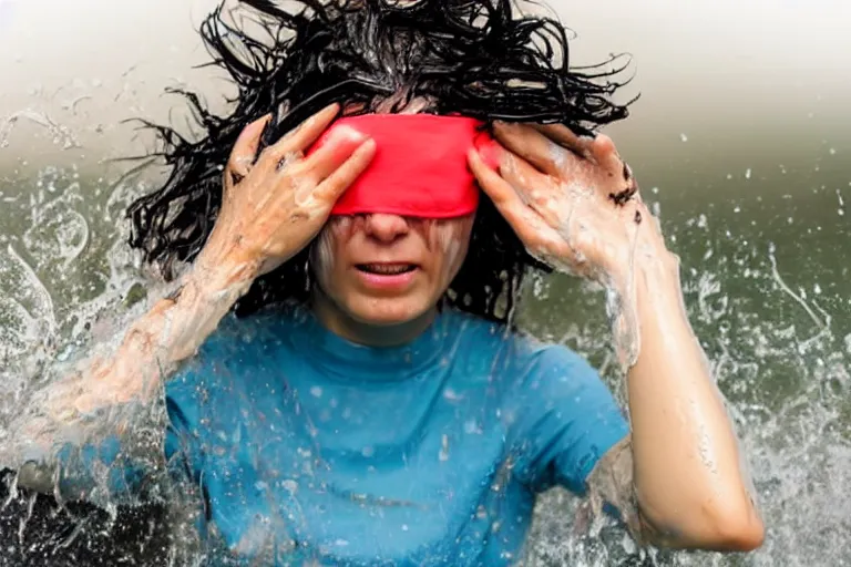 Prompt: woman with blindfold and wet face and hair