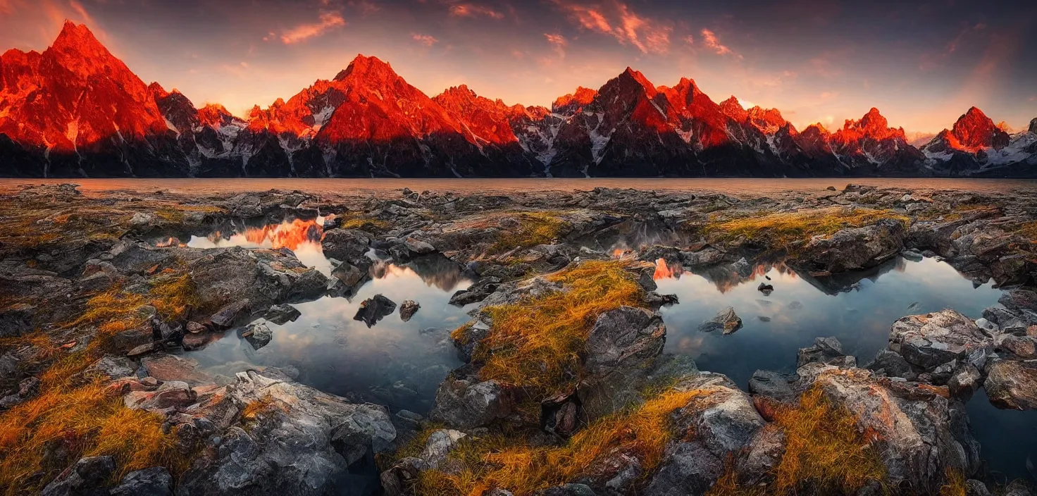 Image similar to amazing landscape photo of mountains with lake in sunset by marc adamus, beautiful dramatic lighting