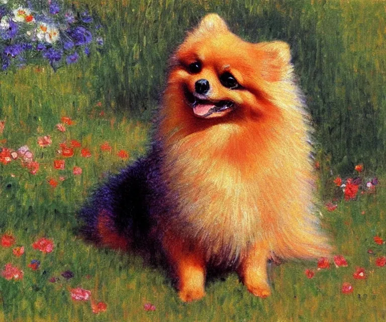 Image similar to pomeranian, cute, monet, oil painting