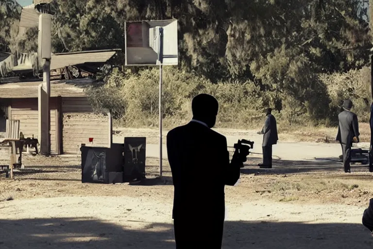 Image similar to cinematography of man in suit selling guns at little cardboard stand in residential neighborhood by Emmanuel Lubezki