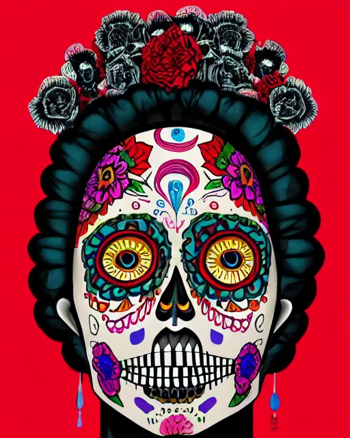 Image similar to dia de los muertos theme poster art by artemio rodriguez, aida muluneh, and gustave bauman, intricate, accurate facial details, profile picture, artgerm, retro, nostalgic, old fashioned, posterized color